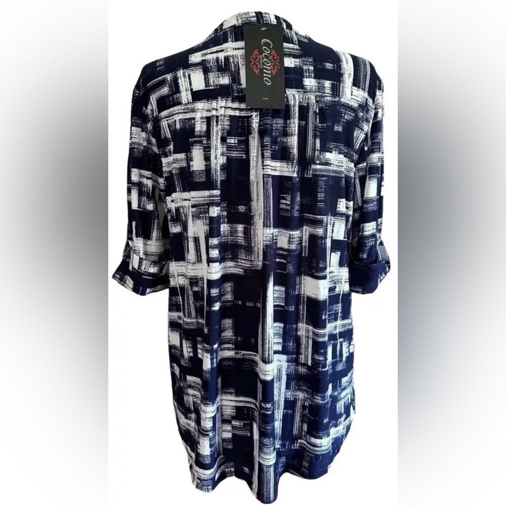 COCOMO 2X Blue White Plus Size elbow sleeve women's Blouse top tun… - Picture 2 of 10
